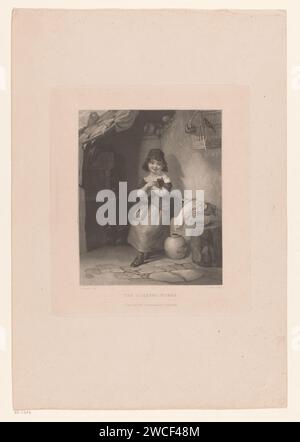 Girl in a barn with animals and a kitten in her arms, George J. Zobel, after Robert Farrier, 1834 print  London paper  girl (child between toddler and youth). friendship between man and animal; caressing, petting. giving shelter to wild animals. cat Stock Photo