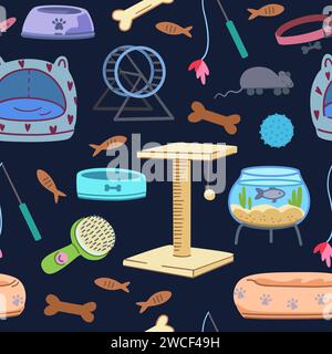 Seamless pattern with pet supplies. Elements of veterinary and pet shop elements, food, toys, cages, beds. Vector illustration Stock Vector