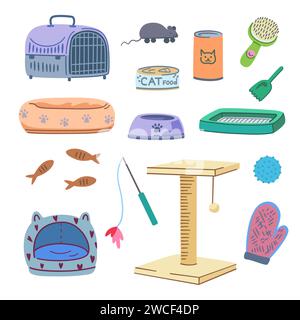 Set of pet supplies. Elements of cat grooming elements, food, toys, cages, beds. Vector illustration. Stock Vector