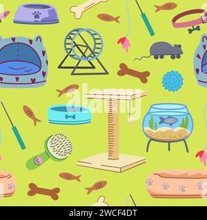 Seamless pattern with pet supplies. Elements of veterinary and pet shop elements, food, toys, cages, beds. Vector illustration Stock Vector
