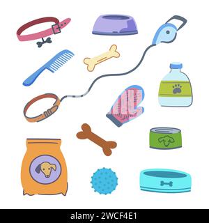 Set of pet supplies. Elements of dog grooming elements, food, toys, cages, beds. Vector illustration. Stock Vector