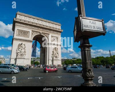 Place Charles de Gaulle sign with the iconic Arc de Triomphe in the background on a sunny day with blue skies in Paris, France. Stock Photo