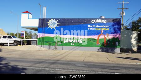 A mural promoting the 2024 national solar eclipse in Lampasas Texas - November 2023 Stock Photo