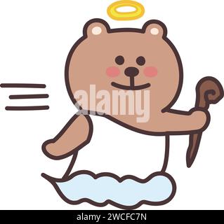 Angel teddy bear flying on the clouds with a wand. Vector illustration isolated on a transparent background. Stock Vector
