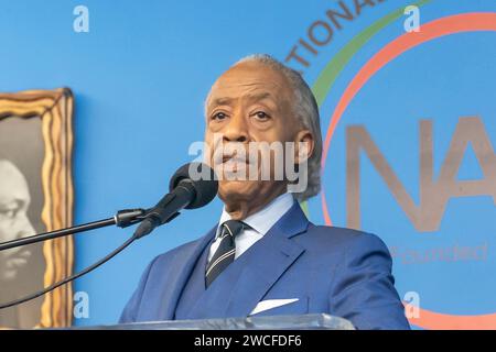 New York, United States. 15th Jan, 2024. NEW YORK, NY - JANUARY 15: Rev. Al Sharpton speaks during a Martin Luther King Jr. Day event in Harlem on January 15, 2024 in New York City. Credit: Ron Adar/Alamy Live News Stock Photo