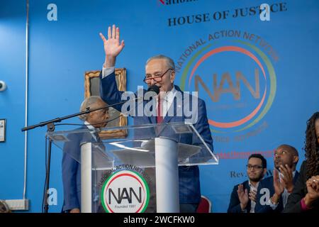 New York, New York, USA. 15th Jan, 2024. (NEW) National Action Network Marks Martin Luther King Jr. Day. January 15, 2024, New York, New York, USA: U.S. Senate Majority Leader U.S. Senator Chuck Schumer (D-NY) speaks during a Martin Luther King Jr. Day event in Harlem on January 15, 2024 in New York City. (Credit: M10s/TheNews2) (Foto: M10s/Thenews2/Zumapress) (Credit Image: © Ron Adar/TheNEWS2 via ZUMA Press Wire) EDITORIAL USAGE ONLY! Not for Commercial USAGE! Stock Photo