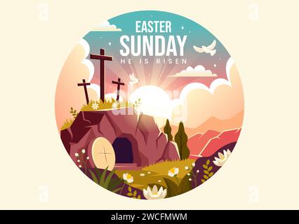 Happy Easter Sunday Vector Illustration of Jesus, He is Risen and Celebration of Resurrection with Cave and the Cross in Flat Cartoon Background Stock Vector