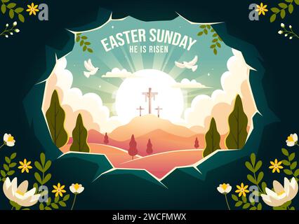 Happy Easter Sunday Vector Illustration of Jesus, He is Risen and Celebration of Resurrection with Cave and the Cross in Flat Cartoon Background Stock Vector