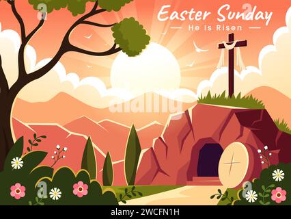 Happy Easter Sunday Vector Illustration of Jesus, He is Risen and Celebration of Resurrection with Cave and the Cross in Flat Cartoon Background Stock Vector