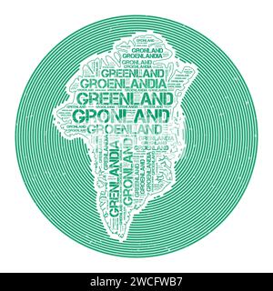 Greenland vector image. Country round logo design. Greenland poster in circular arcs and word cloud style. Powerful vector illustration. Stock Vector