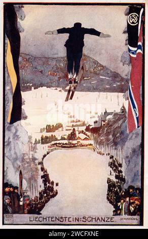 Ski Jumping, Liechtenstein-Schanze, Semmering Austria, approx 1920s-30s postcard. unidentified artist Stock Photo