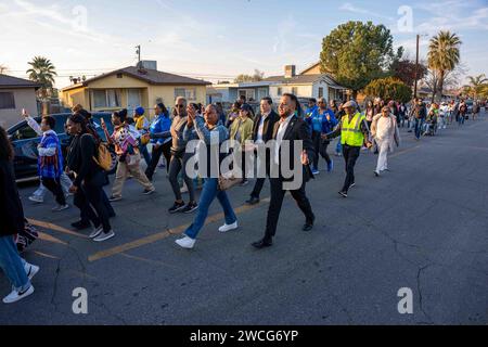 Bakersfield, California, USA. 15th Jan, 2024. Former State Assembly Member Rudy Salas and Vice Mayor Andrae Gonzalez march with the MLK Day Parade in Bakersfield, California, on January 15, 2024. (Credit Image: © Jake Lee Green/ZUMA Press Wire) EDITORIAL USAGE ONLY! Not for Commercial USAGE! Stock Photo