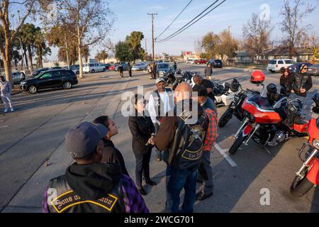 Bakersfield, California, USA. 15th Jan, 2024. Mayor Karen Goh greets the ''˜Sons of Solomon' Masonic Motorcycle Club during MLK Day festivities in Bakersfield, California, on January 15, 2024. (Credit Image: © Jake Lee Green/ZUMA Press Wire) EDITORIAL USAGE ONLY! Not for Commercial USAGE! Stock Photo