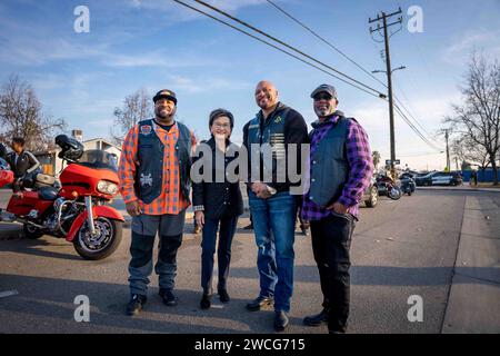 Bakersfield, California, USA. 15th Jan, 2024. Mayor Karen Goh poses for a photo with the ''˜Sons of Solomon' Masonic Motorcycle Club during MLK Day festivities in Bakersfield, California, on January 15, 2024. (Credit Image: © Jake Lee Green/ZUMA Press Wire) EDITORIAL USAGE ONLY! Not for Commercial USAGE! Stock Photo