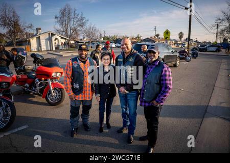 Bakersfield, California, USA. 15th Jan, 2024. Mayor Karen Goh poses for a photo with the ''˜Sons of Solomon' Masonic Motorcycle Club during MLK Day festivities in Bakersfield, California, on January 15, 2024. (Credit Image: © Jake Lee Green/ZUMA Press Wire) EDITORIAL USAGE ONLY! Not for Commercial USAGE! Stock Photo