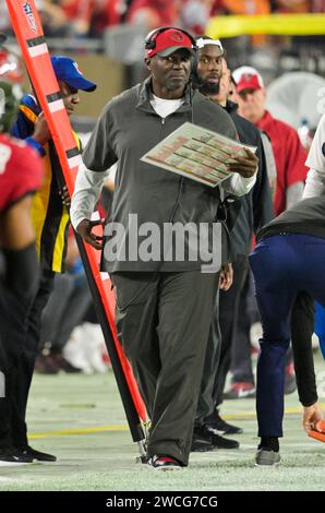 Tampa, United States. 15th Jan, 2024. Tampa Bay Buccaneers head coach Todd Bowles walks the sideline during the first half of a wild card playoff game against the Philadelphia Eagles at Raymond James Stadium in Tampa, Florida on Monday, January 15, 2024. Photo by Steve Nesius/UPI. Credit: UPI/Alamy Live News Stock Photo