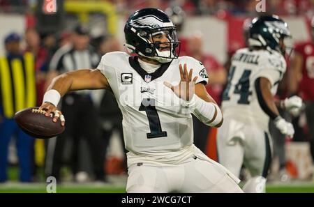 Tampa, United States. 15th Jan, 2024. Philadelphia Eagles quarterback Jalen Hurts (1) passes against the Tampa Bay Buccaneers during the first half of a wild card playoff game at Raymond James Stadium in Tampa, Florida on Monday, January 15, 2024. Photo by Steve Nesius/UPI. Credit: UPI/Alamy Live News Stock Photo