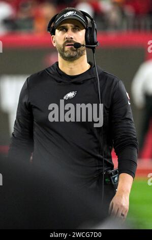 Tampa, United States. 15th Jan, 2024. Philadelphia Eagles head coach Nick Sirianni walks the sidelines during the first half of a wild card playoff game against the Tampa Bay Buccaneers at Raymond James Stadium in Tampa, Florida on Monday, January 15, 2024. Photo by Steve Nesius/UPI. Credit: UPI/Alamy Live News Stock Photo