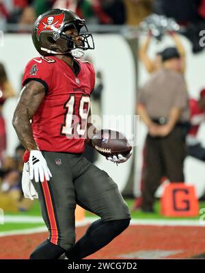 Tampa, United States. 15th Jan, 2024. Tampa Bay Buccaneers wide receiver David Moore (19) steps into the end zone to score against the Philadelphia Eagles during the first half of a wild card playoff game at Raymond James Stadium in Tampa, Florida on Monday, January 15, 2024. Photo by Steve Nesius/UPI Credit: UPI/Alamy Live News Stock Photo