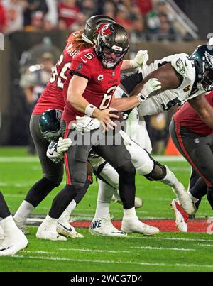 Tampa, United States. 15th Jan, 2024. Philadelphia Eagles defensive end Josh Sweat (94) sacks Tampa Bay Buccaneers quarterback Baker Mayfield (6) during the first half of a wild card playoff game at Raymond James Stadium in Tampa, Florida on Monday, January 15, 2024. Photo by Steve Nesius/UPI. Credit: UPI/Alamy Live News Stock Photo