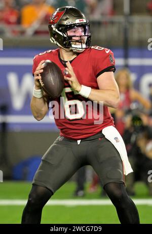 Tampa, United States. 15th Jan, 2024. Tampa Bay Buccaneers quarterback Baker Mayfield (6) looks to pass against the Philadelphia Eagles during the first half of a wild card playoff game at Raymond James Stadium in Tampa, Florida on Monday, January 15, 2024. Photo by Steve Nesius/UPI. Credit: UPI/Alamy Live News Stock Photo