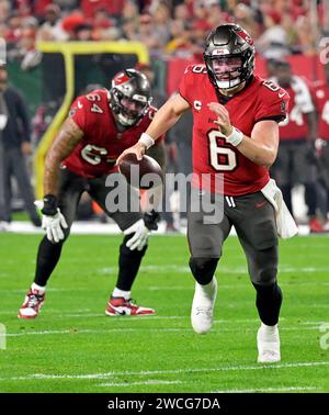 Tampa, United States. 15th Jan, 2024. Tampa Bay Buccaneers quarterback Baker Mayfield (6) scrambles for a first down against the Philadelphia Eagles during the first half of a wild card playoff game at Raymond James Stadium in Tampa, Florida on Monday, January 15, 2024. Photo by Steve Nesius/UPI Credit: UPI/Alamy Live News Stock Photo