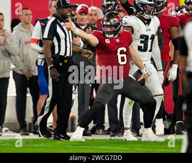 Tampa, United States. 15th Jan, 2024. Tampa Bay Buccaneers quarterback Baker Mayfield (6) celebrates a first down run against the Philadelphia Eagles during the first half of a wild card playoff game at Raymond James Stadium in Tampa, Florida on Monday, January 15, 2024. Photo by Steve Nesius/UPI. Credit: UPI/Alamy Live News Stock Photo