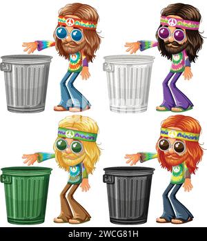 Cartoon hippies sorting trash into bins. Stock Vector