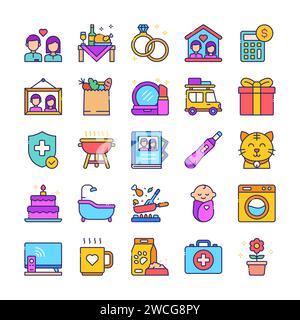 Family life and home daily activity icon set in flat style Stock Vector