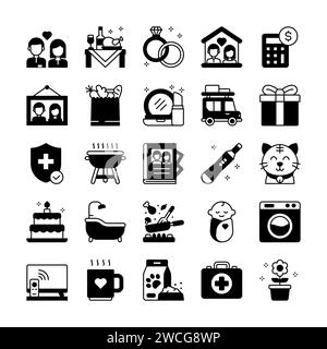 Family life and home daily activity icon set in solid glyph style Stock Vector