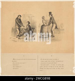 Men and mother and son in conversation, Alexander Ver Huell, 1832 - 1897 print Two performances. On the left is a man with clenched fists in conversation with a sitting man who plays with a dog. On the right a conversation between mother and son, they hold each other's hands.  paper letterpress printing conversation, dialogue; conversation piece. mother and son(s) (family group) Stock Photo