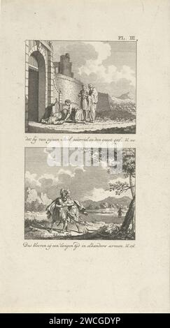 Eli's Death / David and Jonatan, Noah van der Meer (I), 1724 - 1769 print Two biblical performances. Eli falls back from the bench next to the city gate and breaks his neck when he hears that his sons are killed and the Ark of the Covenant has been taken by the enemy. David and Jonatan hug each other. In the foreground is the arrow sleeve of Jonatan and his servant runs in the background. Top right: pl. III. Leiden paper etching Eli, hearing of the capture of the ark, falls from his seat and dies. David and Jonathan embracing; David's leave-taking from Jonathan Stock Photo