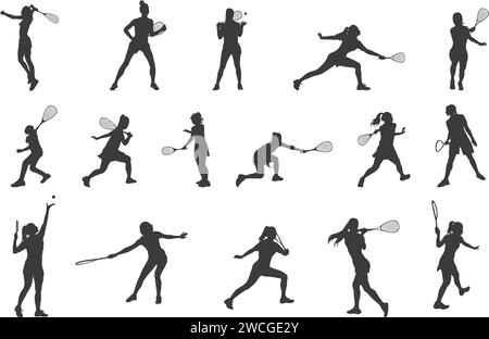 Squash female player silhouettes, Squash female players, Squash player vector, Female players silhouette, Squash silhouette Stock Vector