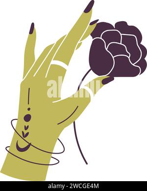 Female hand with jewelry and tattoo holding rose Stock Vector