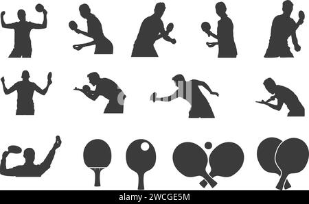 Table tennis silhouettes, Table tennis player silhouettes, Table tennis equipment silhouette, Table tennis player vector. Stock Vector