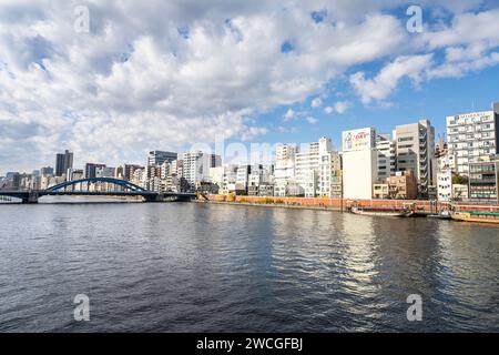 Tokyo, Japan. January 2024.  Panoramic view of the Sumida River in the city center Stock Photo