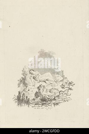 Against rock -sleeping woman, Hermanus Fock, 1815 print A rocky landscape with a sleeping woman. In the background a ruin among dark clouds with lightning. Illustration used for the title page of De Berggeest or the Steenen Bridal Bed, by A. Cramer, Amsterdam, 1815. Amsterdam paper etching sleeping; unconsciousness - BB - out of doors Stock Photo