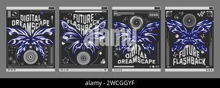 Y2k retro poster design template with grey tribal abstract graphic butterfly shape elements on black background, text box and decorative forms. Vector set of techno banner layout in 2000s aesthetic. Stock Vector