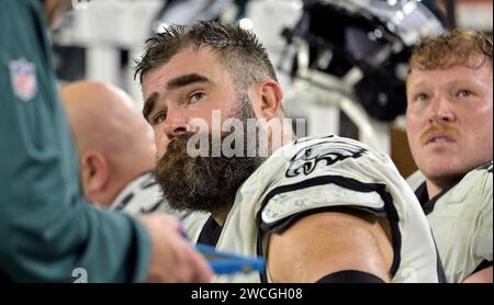 Tampa, United States. 15th Jan, 2024. Philadelphia Eagles center Jason Kelce (62) watches the scoreboard during a 32-9 wild card playoff loss to the Tampa Bay Buccaneers at Raymond James Stadium in Tampa, Florida on Monday, January 15, 2024. Photo by Steve Nesius/UPI Credit: UPI/Alamy Live News Stock Photo