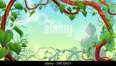 Jungle background with border frame from liana vine, green leaves and flowers. Cartoon sunny tropical backdrop with empty space for text. Rainforest long creeping plant branches with vegetation. Stock Vector