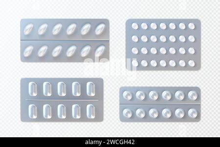 Pills and capsules in foil blister pack mockup. Realistic vector illustration set of medicine in plastic package on transparent background. Template mock up of medical drug tablet in box container. Stock Vector