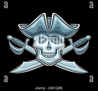 Vector logo for Pirate Skull, decorative label with illustration of wicked smiling pirate skull in old cap and crossed swords for esport team, creativ Stock Vector