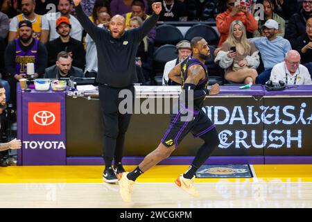 Los Angeles, California, USA. 15th Jan, 2024. Los Angeles Lakers head coach Darvin Ham reacts after LeBron James #23 scoring against the Oklahoma City Thunder during an NBA basketball game at Crypto.com Arena, Monday Jan. 15, 2024, in Los Angeles. (Credit Image: © Ringo Chiu/ZUMA Press Wire) EDITORIAL USAGE ONLY! Not for Commercial USAGE! Stock Photo