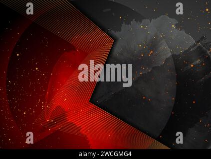 Golden curved lines and shiny dots on black red grunge background. Vector art deco retro design Stock Vector