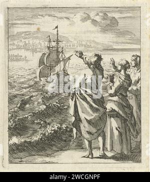 Three figures wave off a sailing ship, Jan Luyken, 1689 print  Amsterdam paper etching / letterpress printing sailing-ship, sailing-boat. waving farewell  departure on a journey Stock Photo