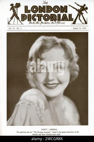 NANCY CARROLL Portrait on Front Cover of THE LONDON PICTORIAL magazine from August 14th 1933 Stock Photo