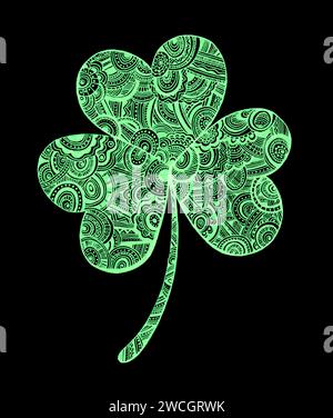 Shamrock clover isolated on black background. Green color. Filled with ornament. Doodle. Three leaves in the shape of a heart and a shoot. Filled with decor from lines, dots, zigzags, waves, circles. Stock Photo