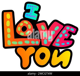Declarative fluorescent hand drawn lettering I love you with neon gradient light on dark black backdrop. Party icon for design of card or invitation. Stock Vector