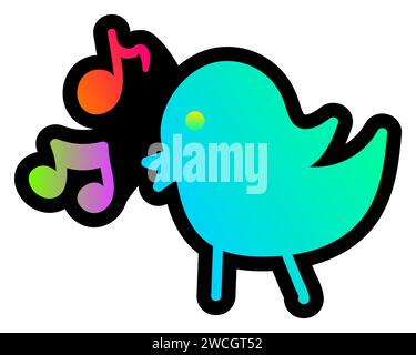 Declarative fluorescent hand drawn bright bird singing melody with neon gradient light on dark black backdrop. Party icon for design of card or invita Stock Vector