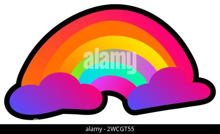 Declarative fluorescent hand drawn colorful bright spring rainbow with neon gradient light on dark black backdrop. Party icon for design of card or in Stock Vector